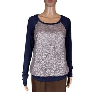 Three Dots Long Sleeve Mix Media Sequin Blue Gold Top Size M